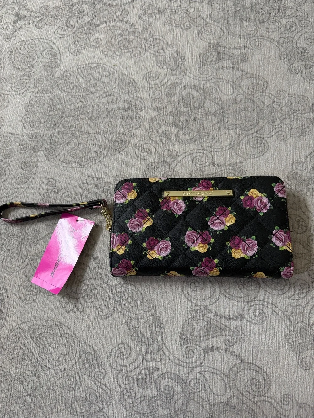 Betsey Johnson Black Quilted Wristlet with Pink and Yellow Floral Print NWT